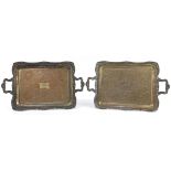 Pair of heavy silver plated trays with twin handles, 60cm wide