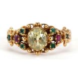 Antique unmarked gold multi gem ring with scrolled shoulders, size Q, 2.6g