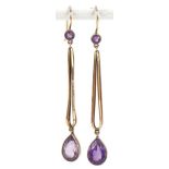 Pair of unmarked gold amethyst drop earrings, (tests as 9ct gold) 4.8cm high, 2.2g