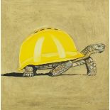 Clive Fredriksson - Tortoise wearing a hard hat, comical oil on board, framed, 59cm x 59cm excluding