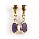 Pair of unmarked 9ct gold amethyst drop earrings, 1.7cm high, 0.7g