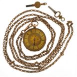 Victorian ladies yellow metal and enamel pocket watch on a yellow metal Longuard chain, 136cm in