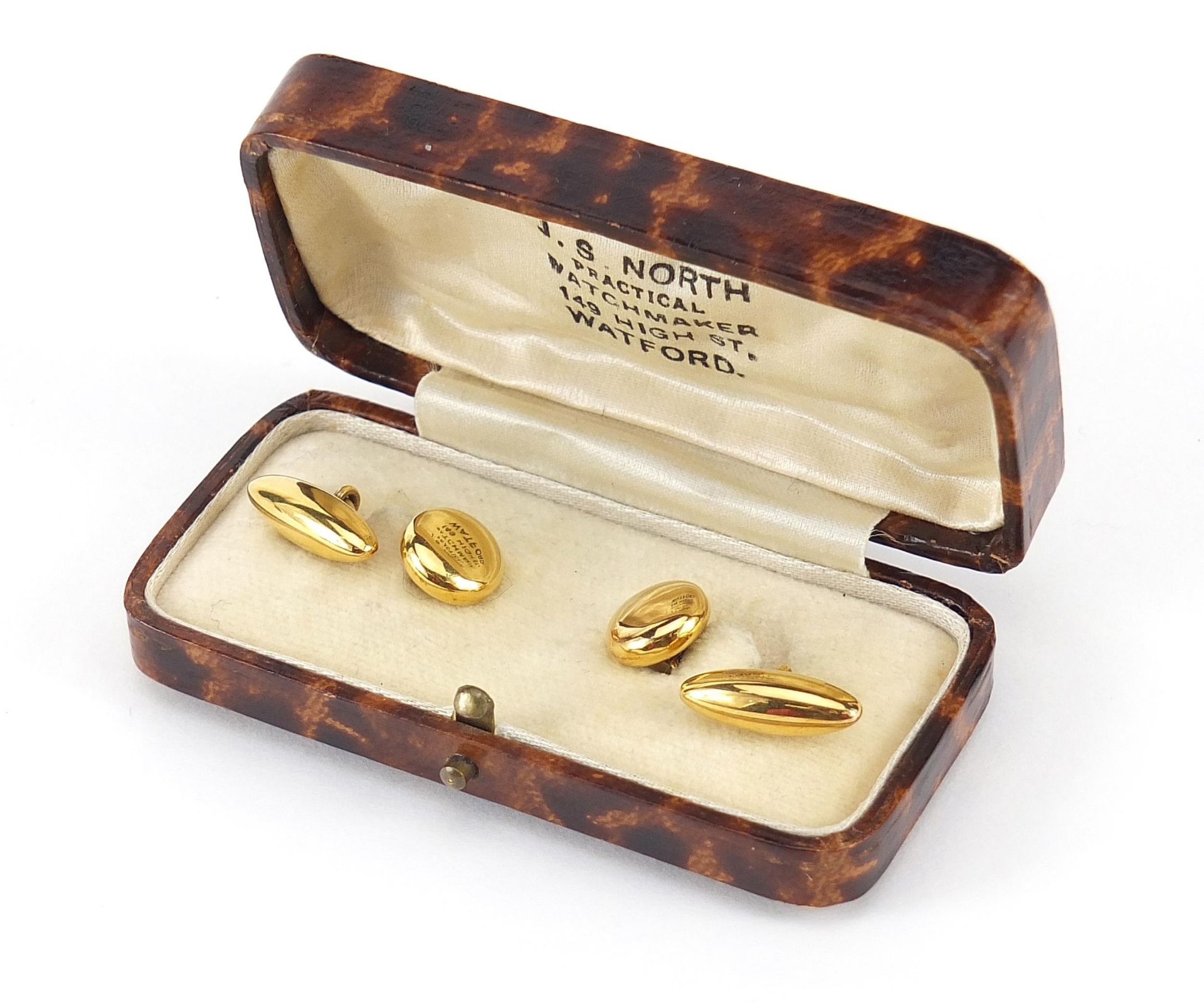 Pair of 10ct gold cufflinks housed in a J S North Watford fitted box, 1.7cm in length, 4.8g - Image 4 of 5