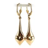 Pair of 9ct gold love heart drop earrings, 4.6cm high, 1.9g