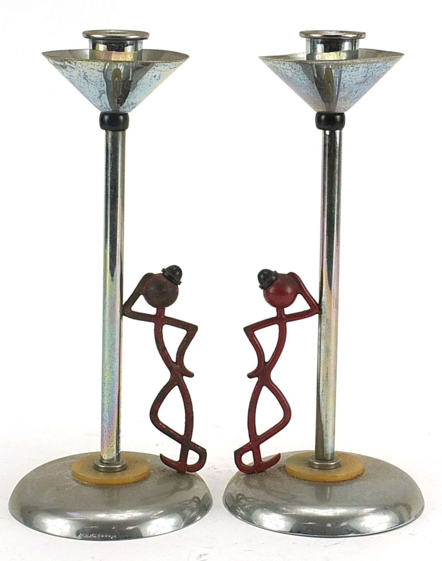 Pair of Art Deco partially painted chrome candlesticks in the form of a figure leaning against a - Image 2 of 4