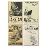 Set of four vintage cigarette advertising framed displays including Lucky Strike, mounted, framed