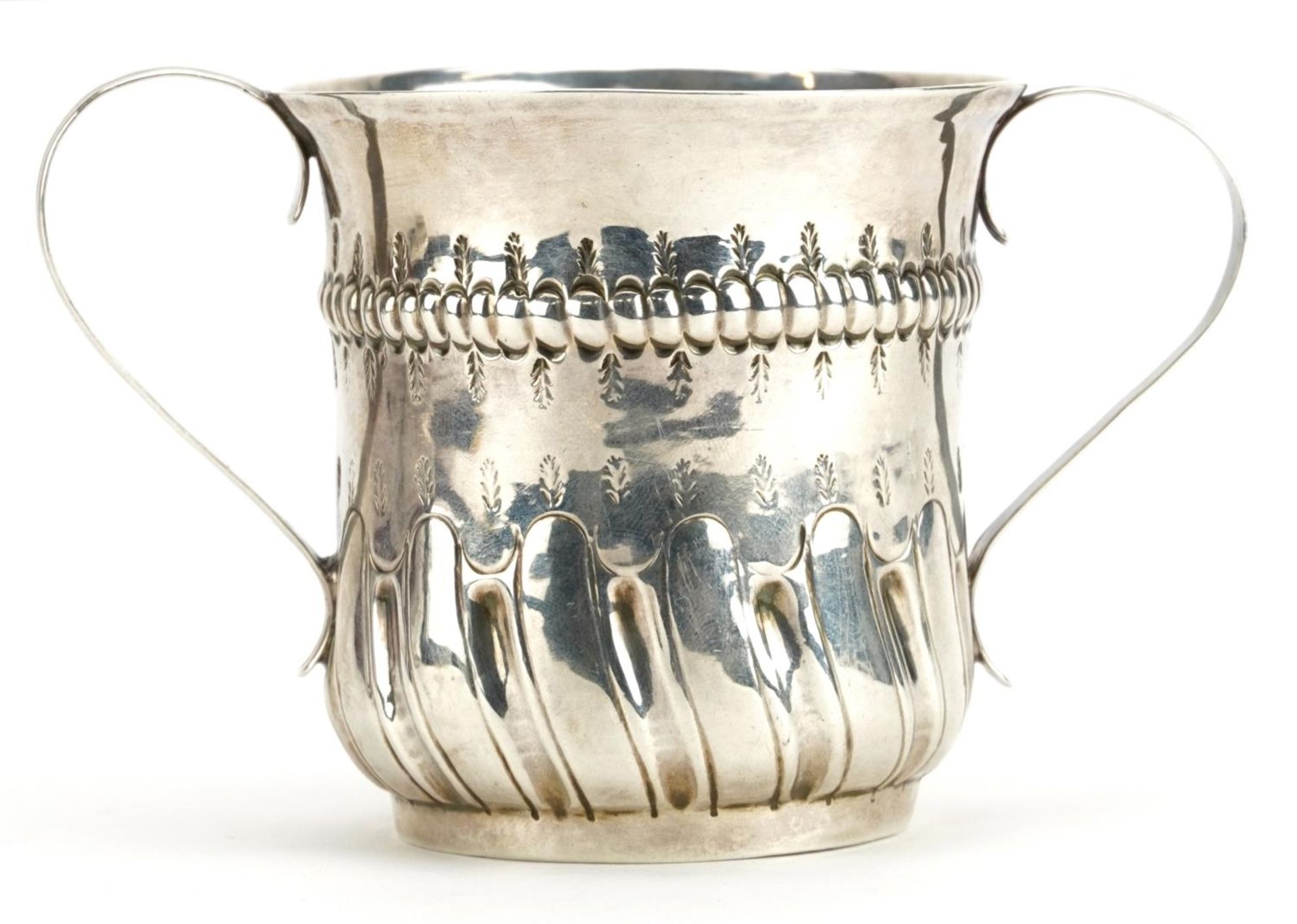 Georgian silver porringer with twin handles, demi fluted body and blank cartouche, incomplete London - Image 2 of 4