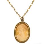 9ct gold cameo maiden head pendant on a 9ct gold Belcher link necklace, 3cm high and 50cm in length,