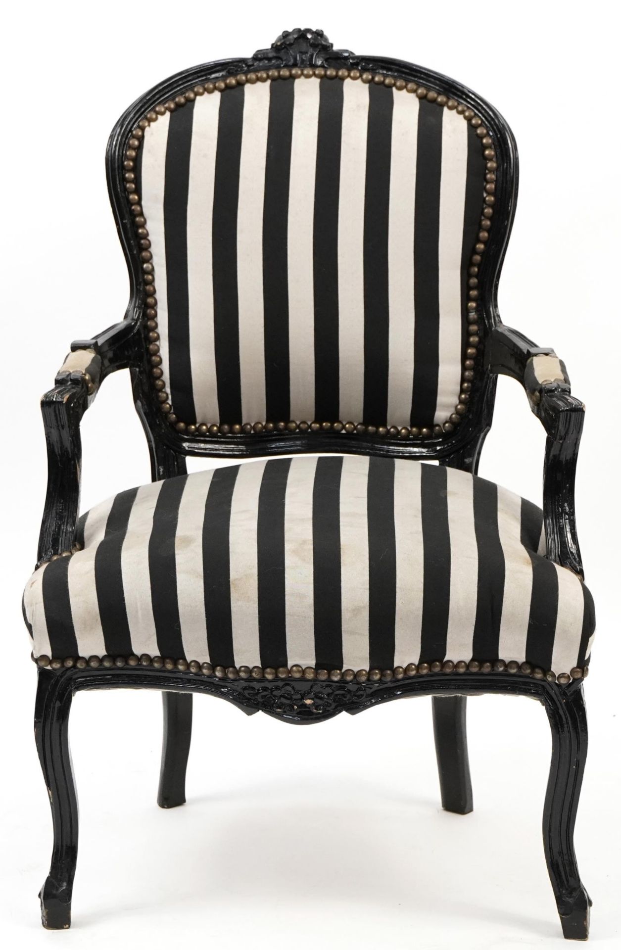 French style black painted elbow chair with black and white striped upholstery, 92cm high - Image 2 of 3