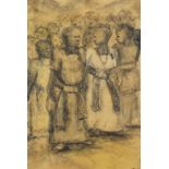 Eddie Kivambi - Baganda Women Ready for a Party, African school charcoal, mounted, framed and