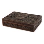 Large Chinese hardwood workbox deeply carved in relief with dragons and bats, 7.5cm H x 30.5cm W x