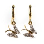 Pair of 18ct gold diamond butterfly design drop earrings, 1.9cm high, 1.6g