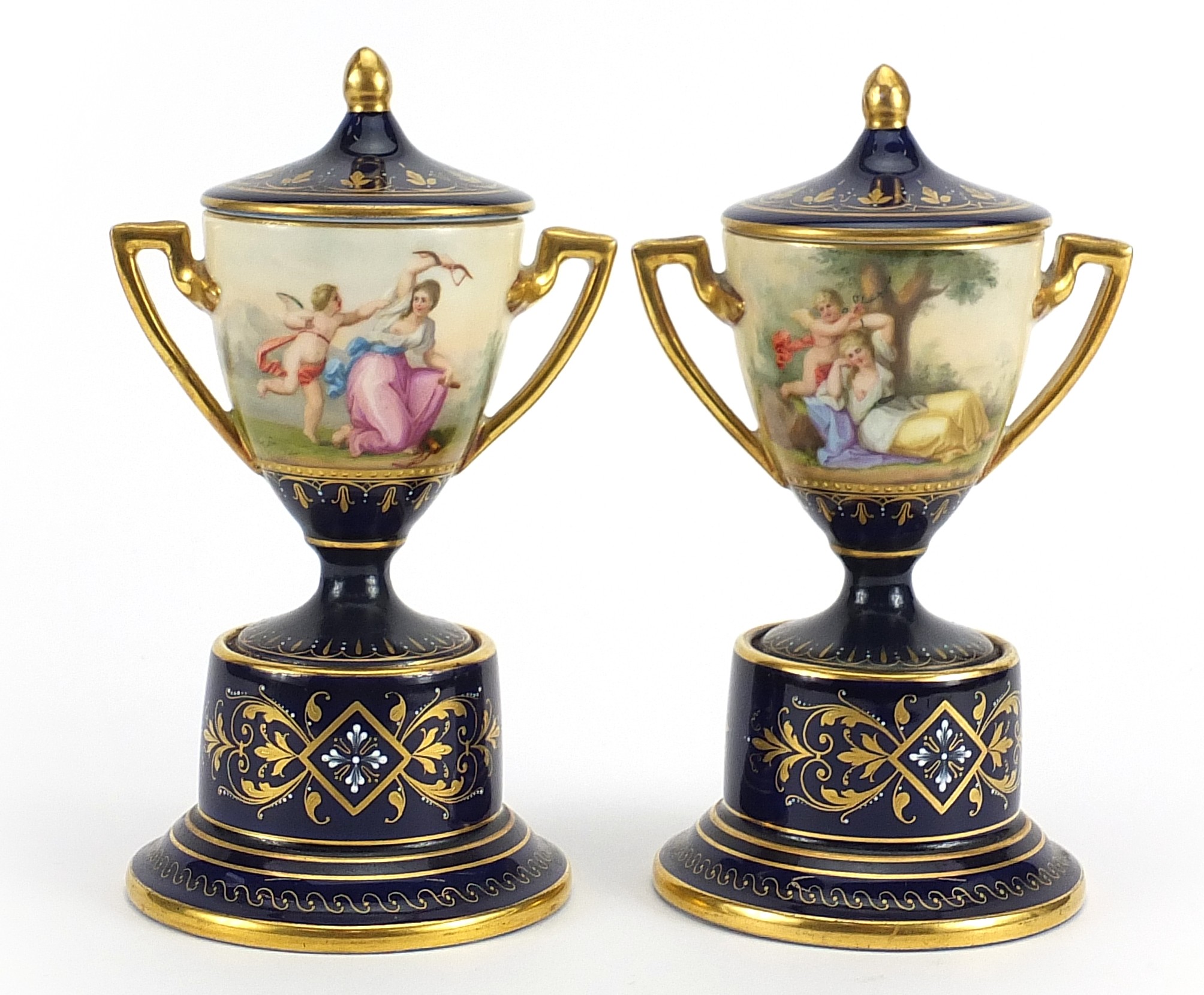 Pair of Royal Vienna porcelain pedestal vases and covers with twin handles, each hand painted with - Image 6 of 9