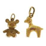 Two 9ct gold charms including a teddy bear, the largest 1.8cm high, 1.5g