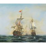John Ambrose - Warships at sea, naval interest oil on canvas, mounted and framed, 59.5cm x 49.5cm