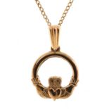 9ct gold Claddagh pendant on a 9ct gold necklace housed in a Claddagh House, Ireland box, 2.1cm high