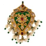 Indian yellow metal and enamel pendant set with rubies, white sapphires, moonstone and seed pearl