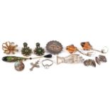 Antique and later jewellery including a carved pearlescent face brooch, silver mourning brooch and