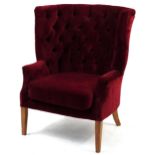 Style Matters, deep mahogany framed wingback armchair with button back upholstery, 105cm high