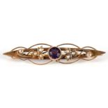 Edwardian 9ct gold amethyst and seed pearl bar brooch, 5cm wide, 2.9g