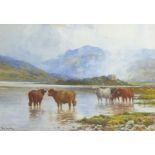 Highland cattle before a mountainous landscape, Scottish school watercolour, indistinctly signed,