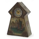 Art Nouveau Victory V sweetmeat tin mantle clock advertising Fryer & Co, embossed with a Venetian