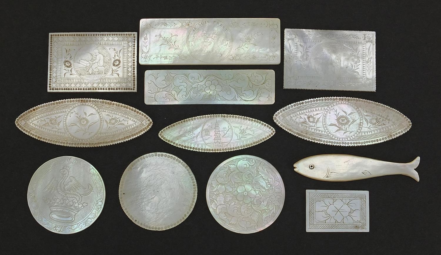 Eleven Chinese Canton mother of pearl gaming counters and one other, the largest 6.5cm wide