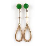 Pair of 9ct gold jade drop earrings, 4.5cm high, 2.7g