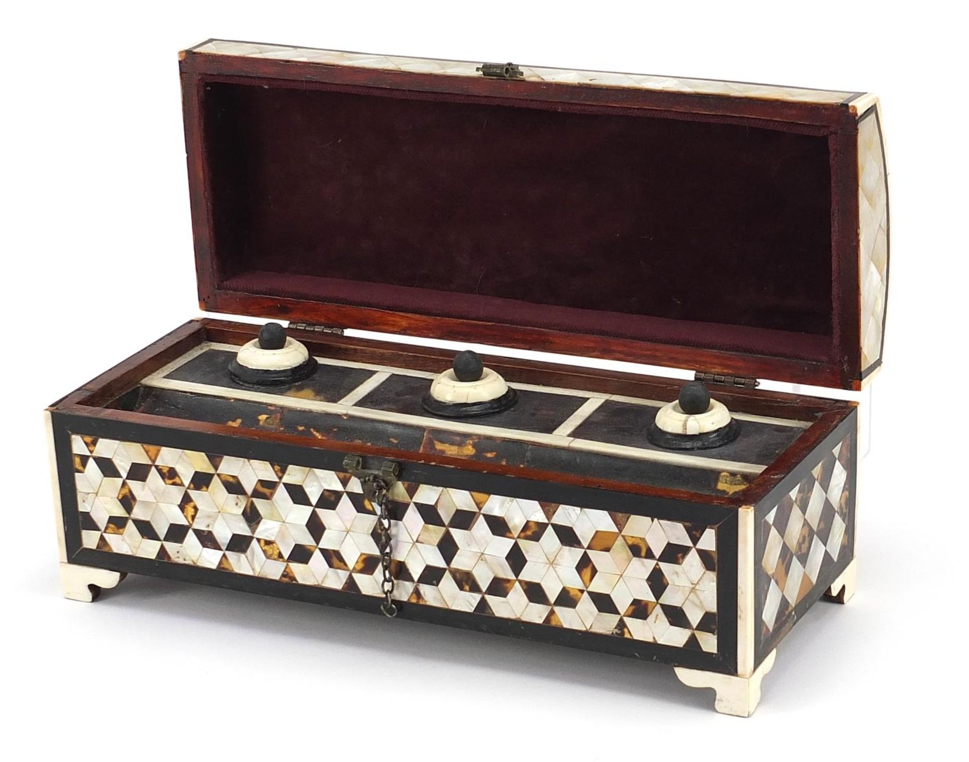 Turkish Islamic mother of pearl and tortoiseshell pen box, 11cm H x 32cm W x 12cm D - Image 2 of 4
