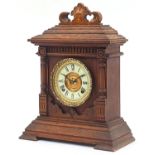 American oak cased Ansonia mantle clock, Sharon Eight Day Strike label to the interior, 43cm high