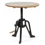 Industrial adjustable table with circular top, 64cm high x 60cm in diameter
