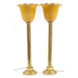 Large pair of brass vintage uplighter table lamps with orange and white glass frilled shades, 85.5cm