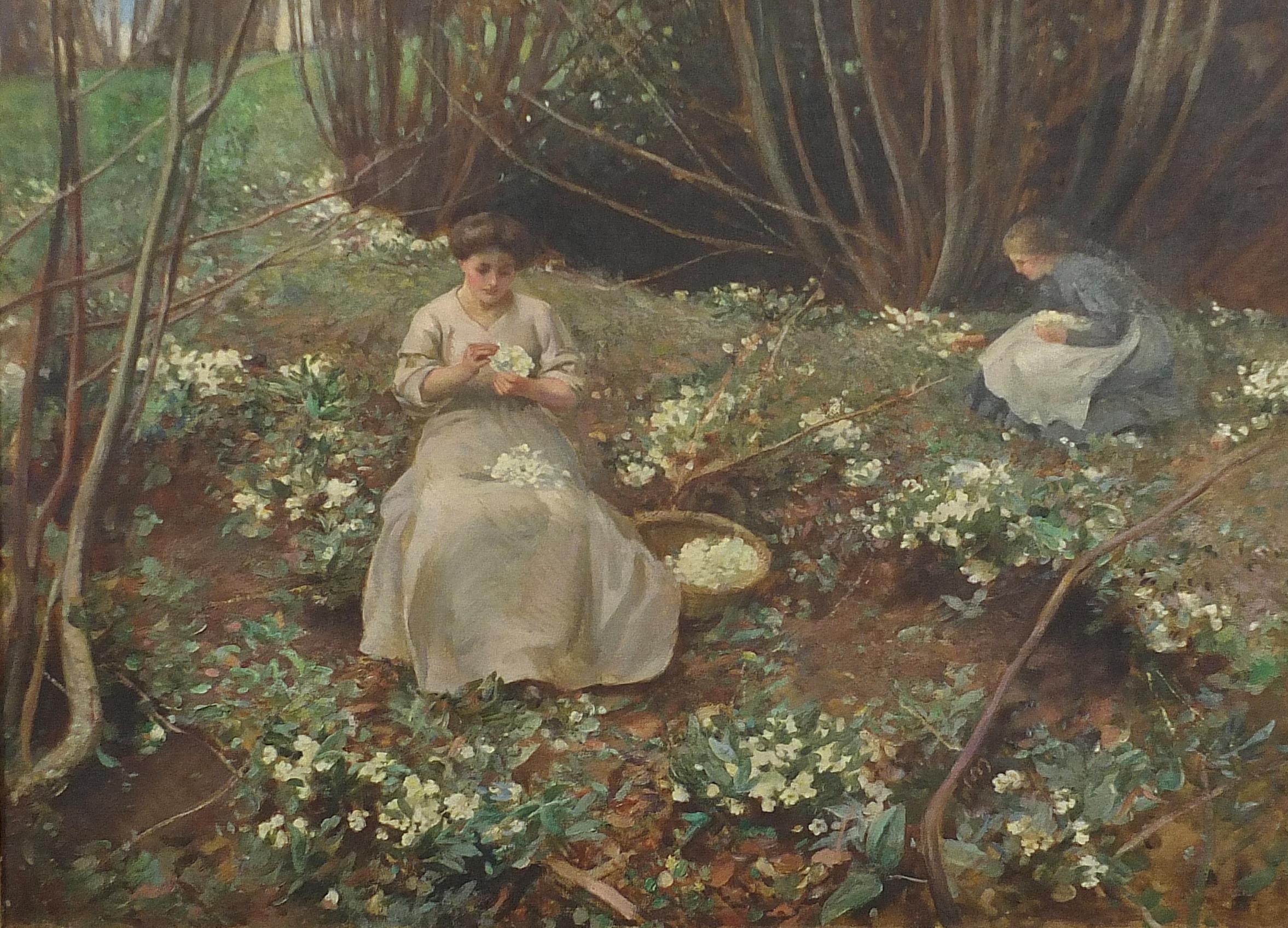 Harry Watson 1907 - Two females picking flowers before woodland, Pre-Raphaelite school, oil on