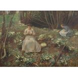 Harry Watson 1907 - Two females picking flowers before woodland, Pre-Raphaelite school, oil on