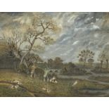 Figures shooting with hounds before a landscape, 19th century Naïve school heightened watercolour on