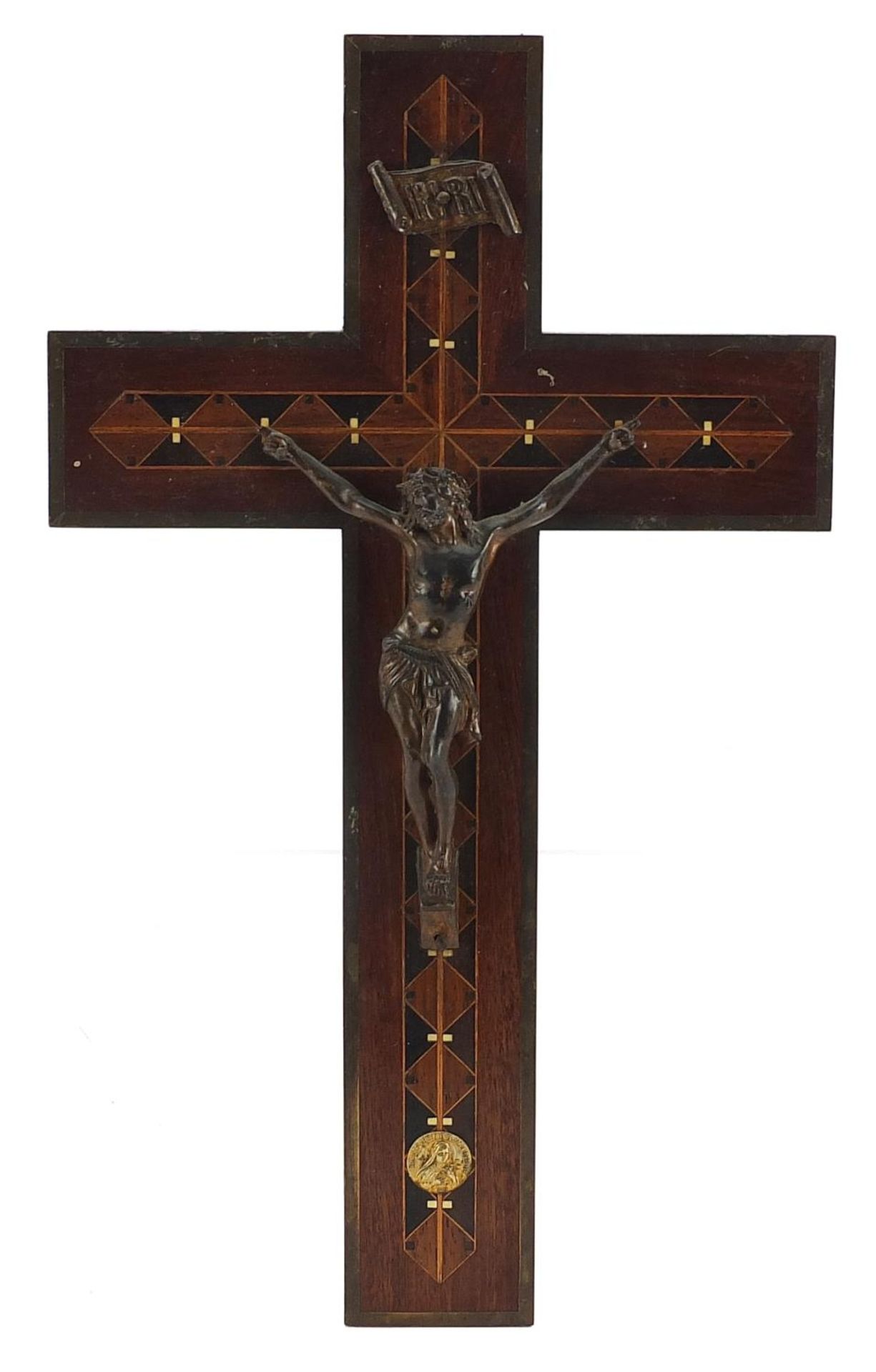 Religious interest inlaid rosewood corpus Christi with bronzed Christ, 40cm high