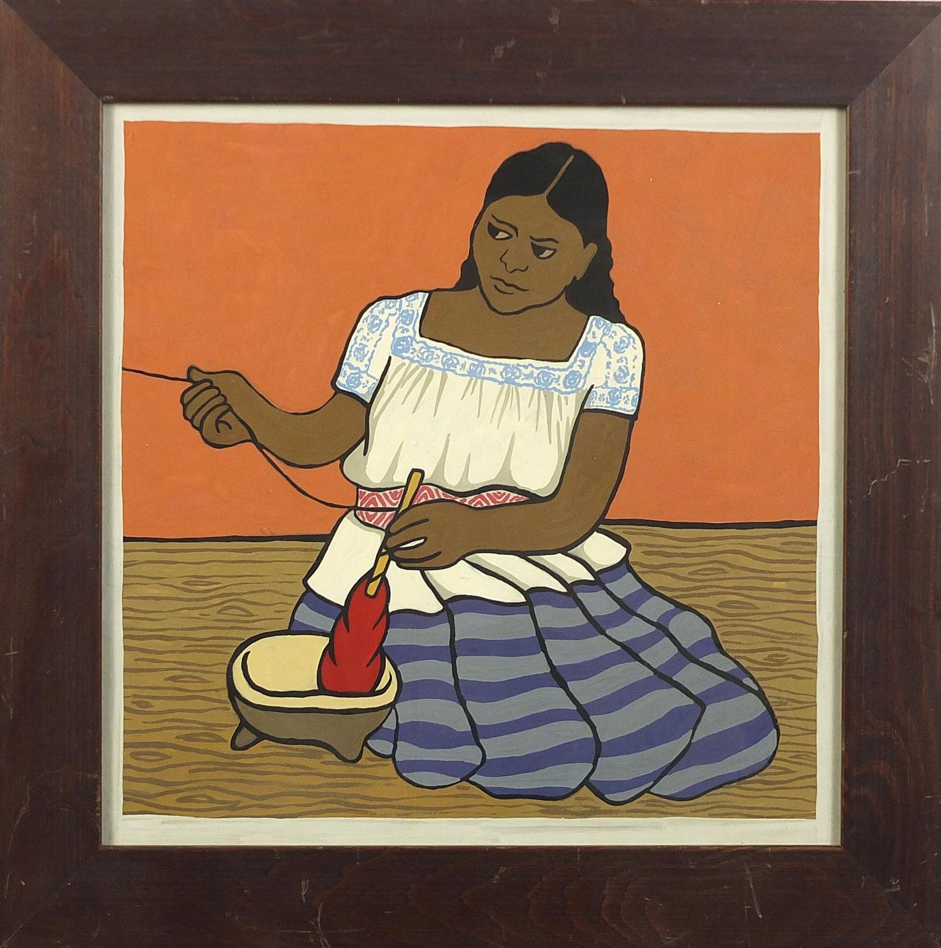 Female spinning wool, Latin American school gouache on paper, framed and glazed, 28.5cm x 28.5cm - Bild 2 aus 4