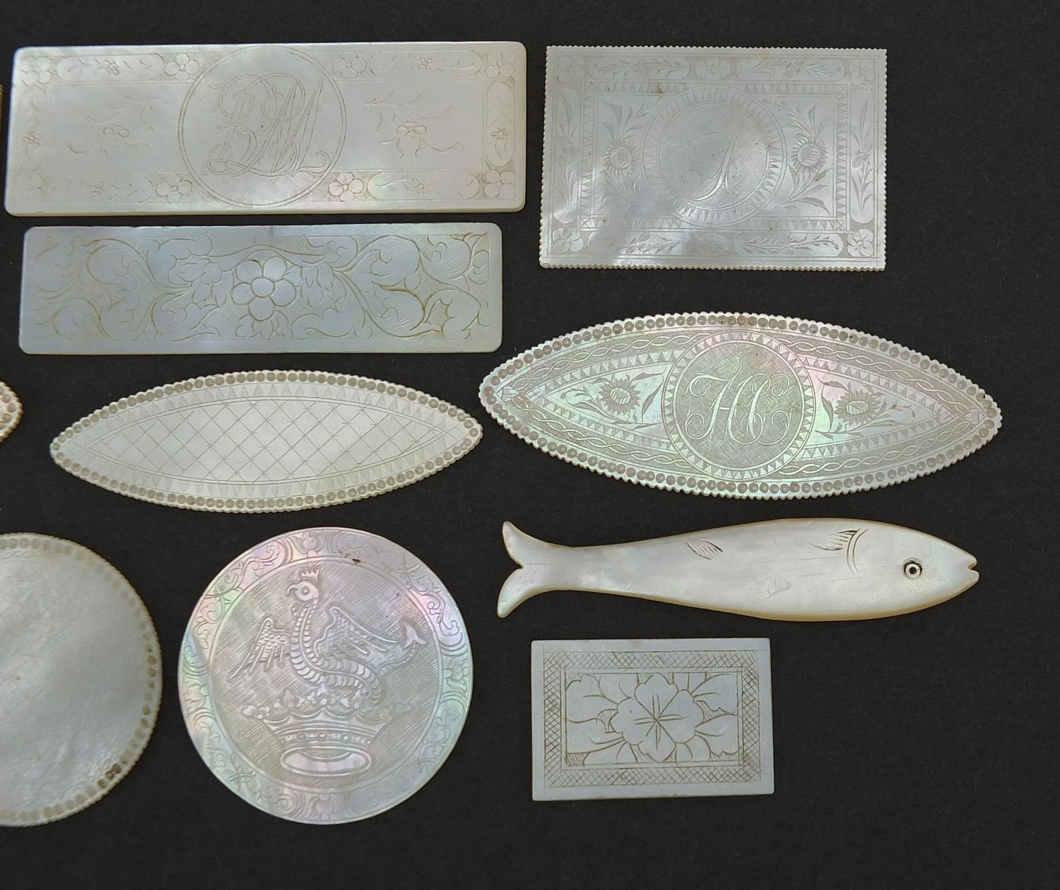 Eleven Chinese Canton mother of pearl gaming counters and one other, the largest 6.5cm wide - Image 6 of 6