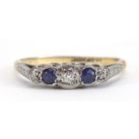 18ct gold diamond and sapphire five stone ring, size L, 2.1g