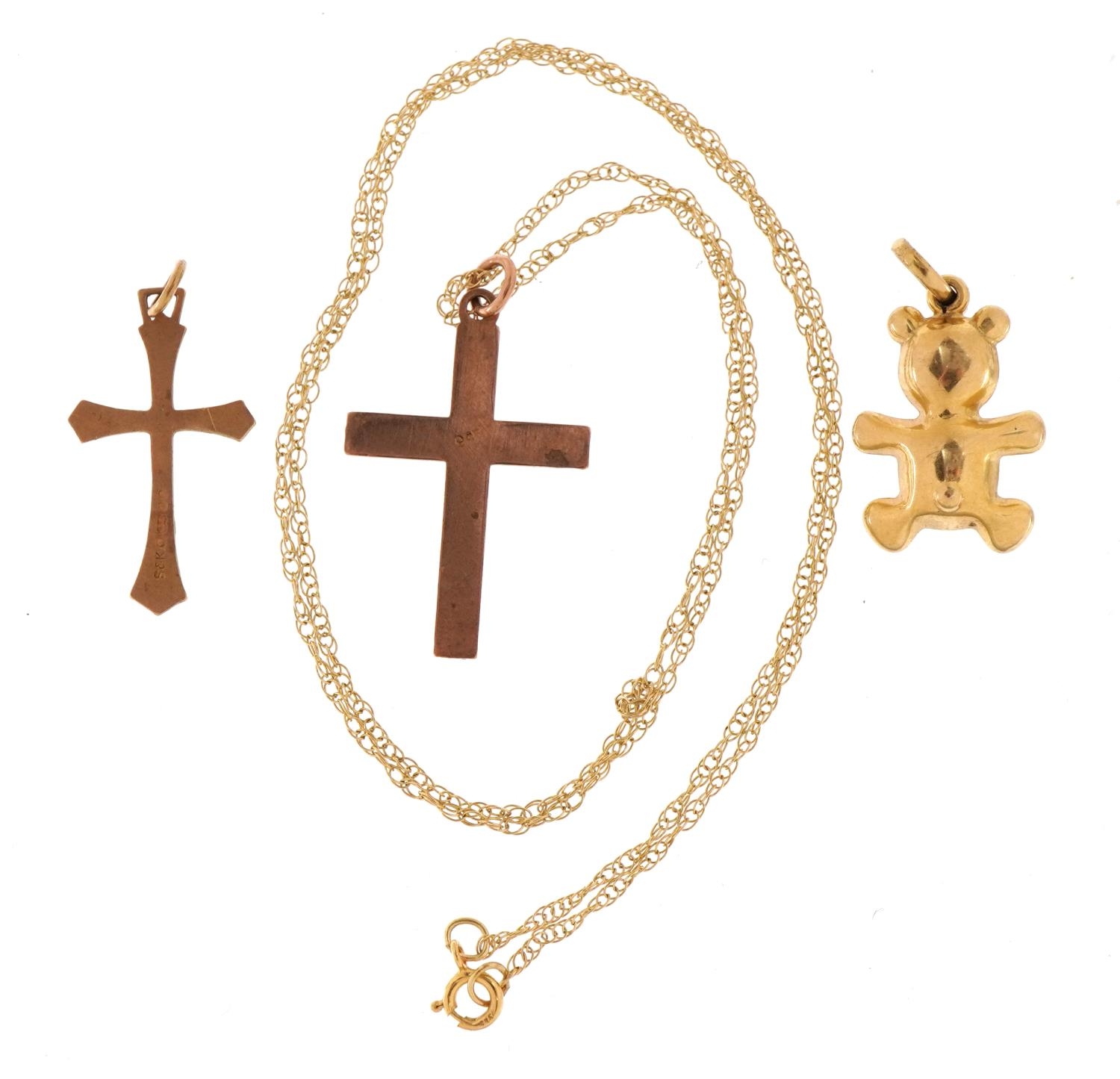 9ct gold jewellery comprising two cross pendants, teddy bear charm and necklace, the largest cross - Bild 3 aus 3