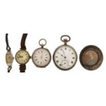 Four antique and later wristwatches and pocket watches including a trench watch and a circular