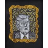 Lottie Norton Design - Head and shoulders caricature portrait of Donald Trump, mixed media and
