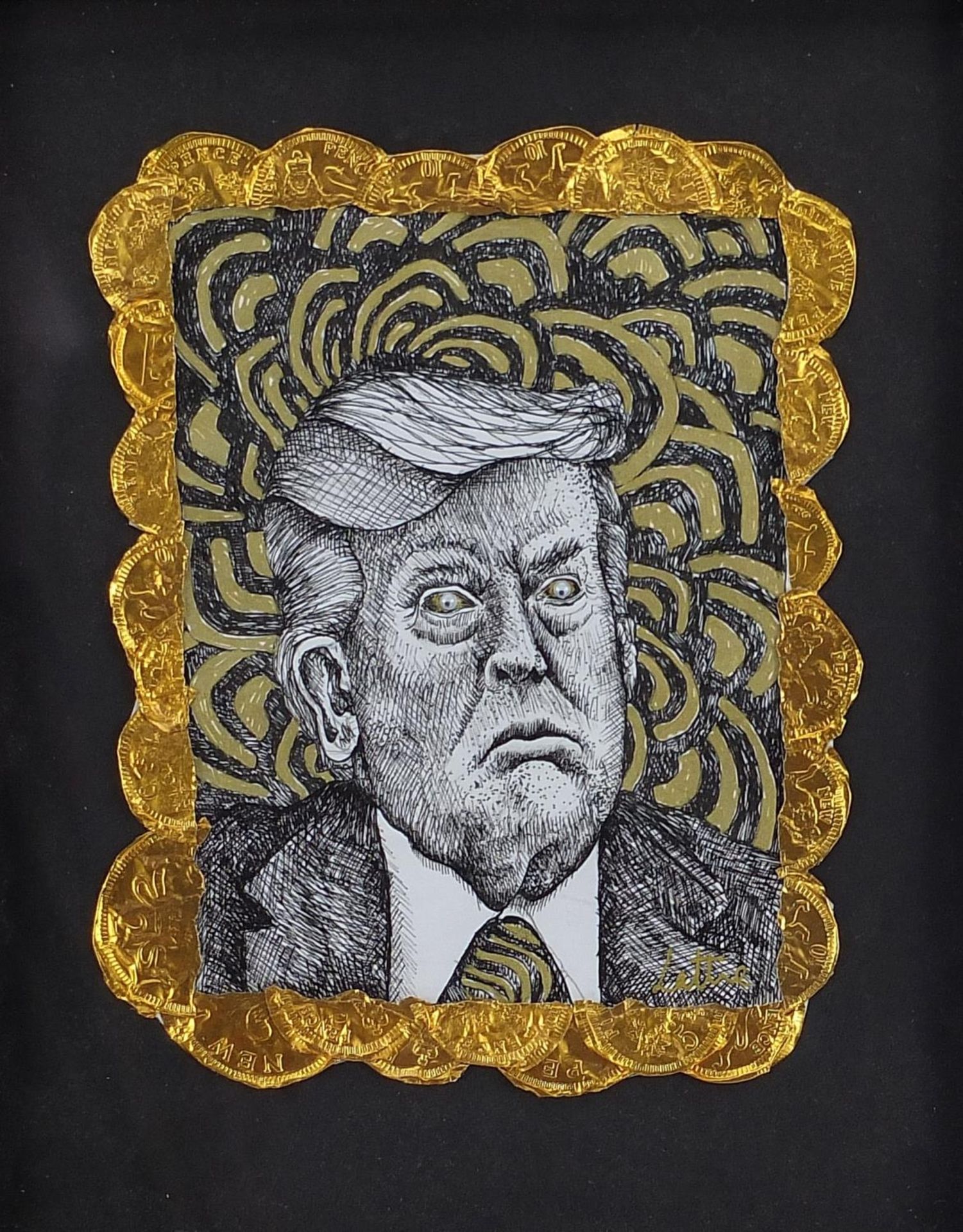Lottie Norton Design - Head and shoulders caricature portrait of Donald Trump, mixed media and