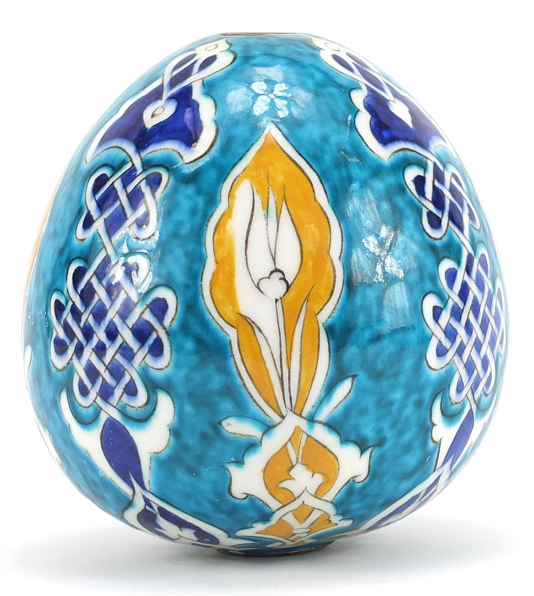Turkish Iznik pottery hanging ball hand painted with flowers, 12.5cm high - Image 2 of 3