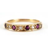 18ct gold diamond and ruby half eternity ring, size N, 2.2g