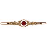 9ct gold seed pearl and red stone bar brooch, 6.0cm wide, 3.3g
