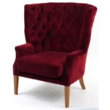 Style Matters, deep mahogany framed wingback armchair with button back upholstery, 105cm high
