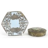 Islamic white metal box and cover and a porcelain dish with white metal overlay, the largest 9.5cm