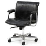 Boss Design black leather and chrome adjustable swivel office chair, 77cm lowered to 89cm high