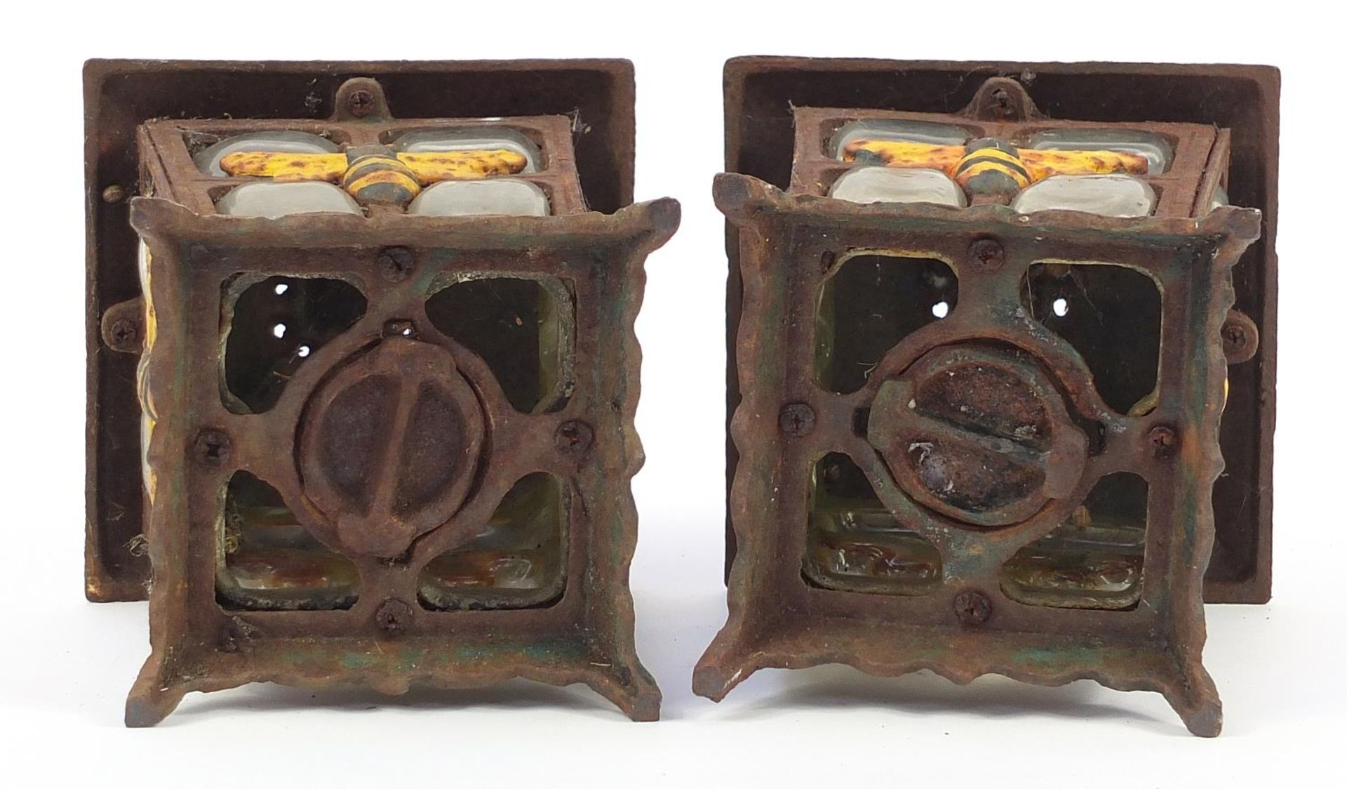 Pair of cast iron and glass garden tealight lanterns decorated with bumble bees, 23cm high - Image 3 of 3